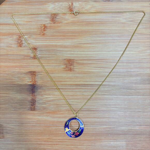 Gold Tone Floral Butterfly Pendant Necklace Enamel Vintage Retro 80s 24" - Picture 7 of 8